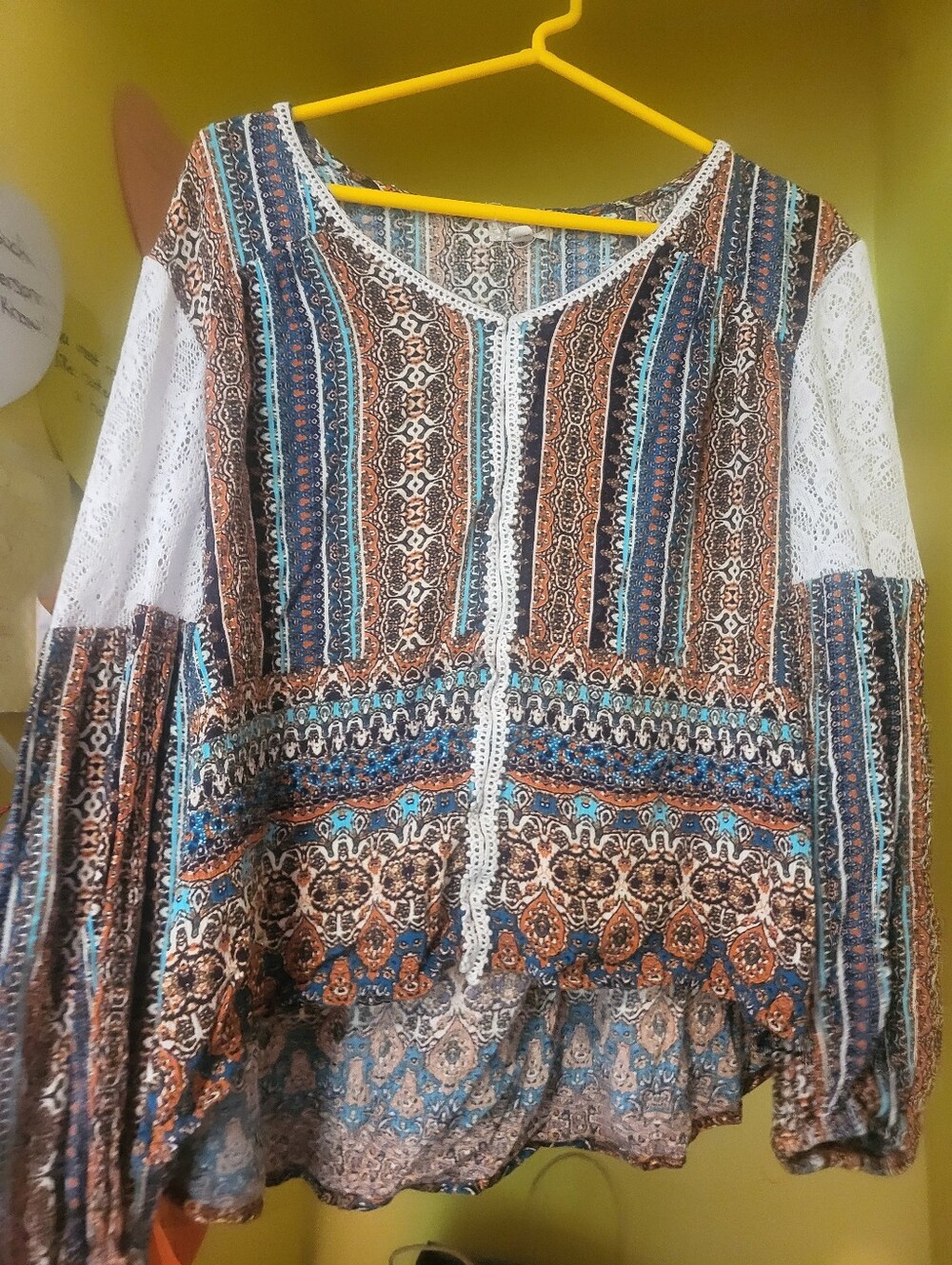 Bohemian Printed Long-Sleeve Blouse with Lace Trim - Blue & Brown